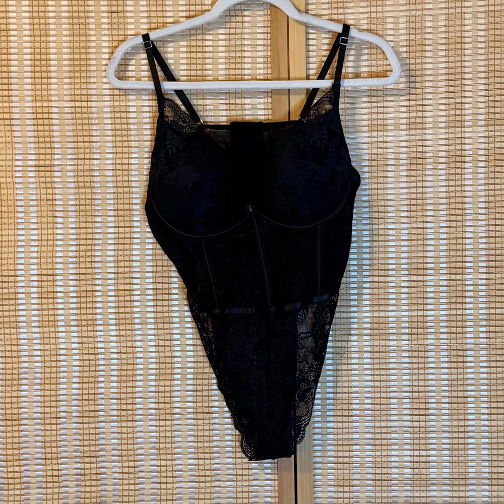 Body Rage Spencers Black Floral Lace Corset Bodice Underwire Bodysuit XL Goh